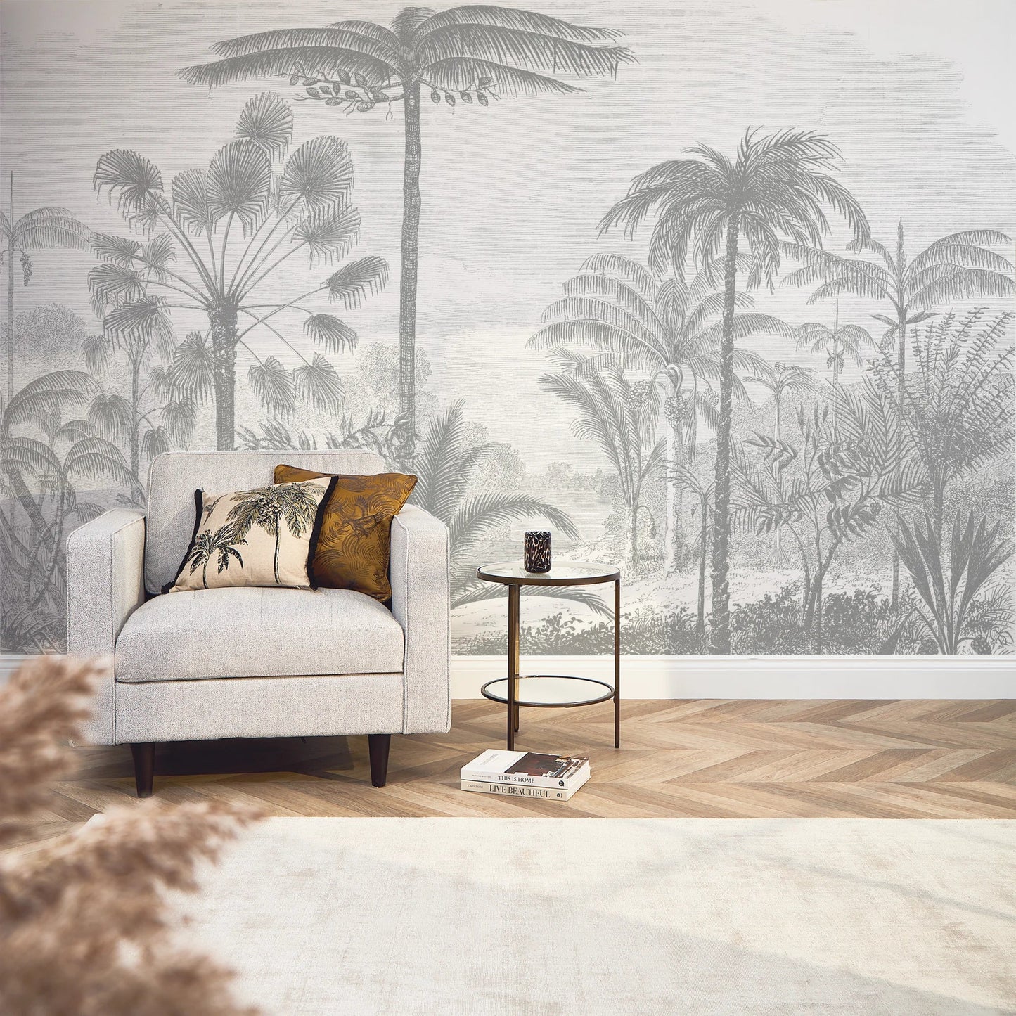 Grey Etched Palms Wall Mural