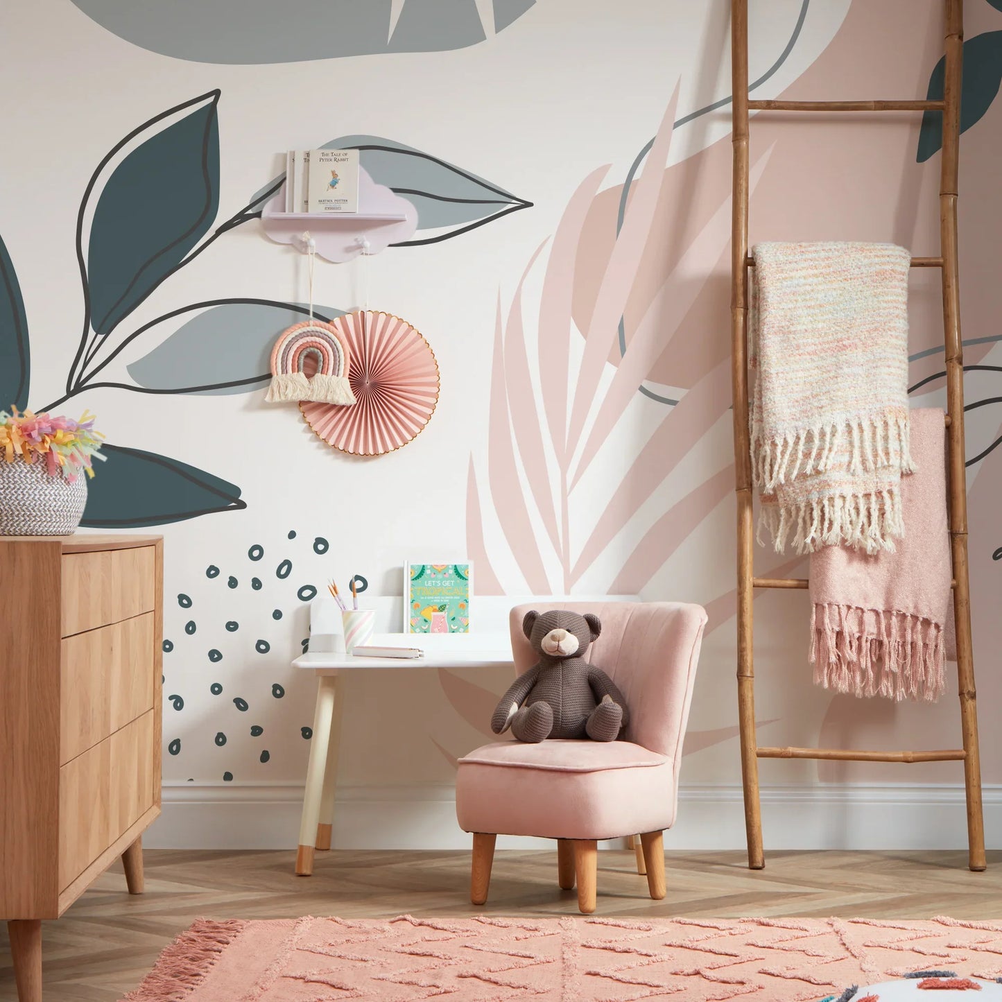 Pink and Teal Boho Botanical Mural