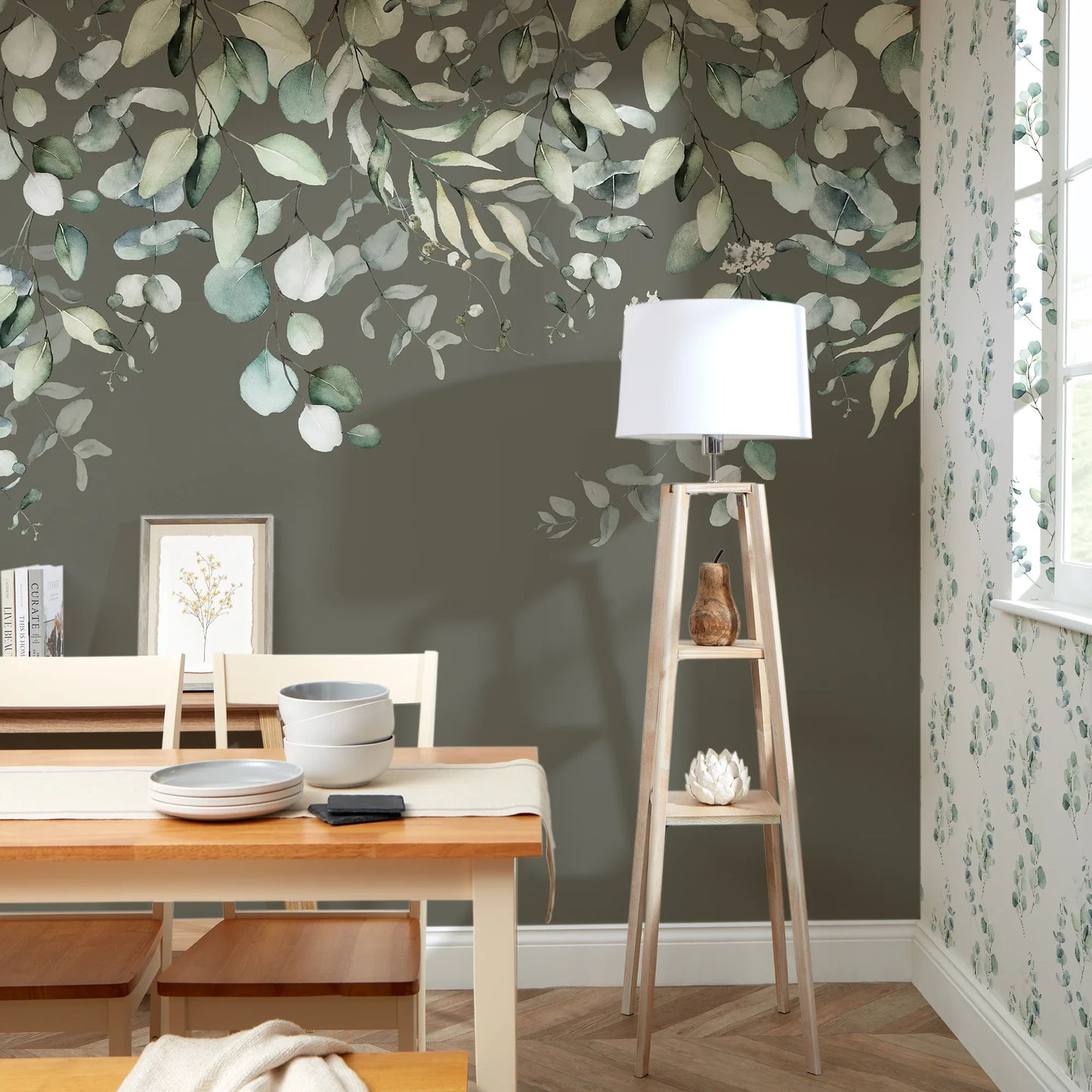 Eucalyptus Cascade Watercolor Mural in Smoky Green Tones
