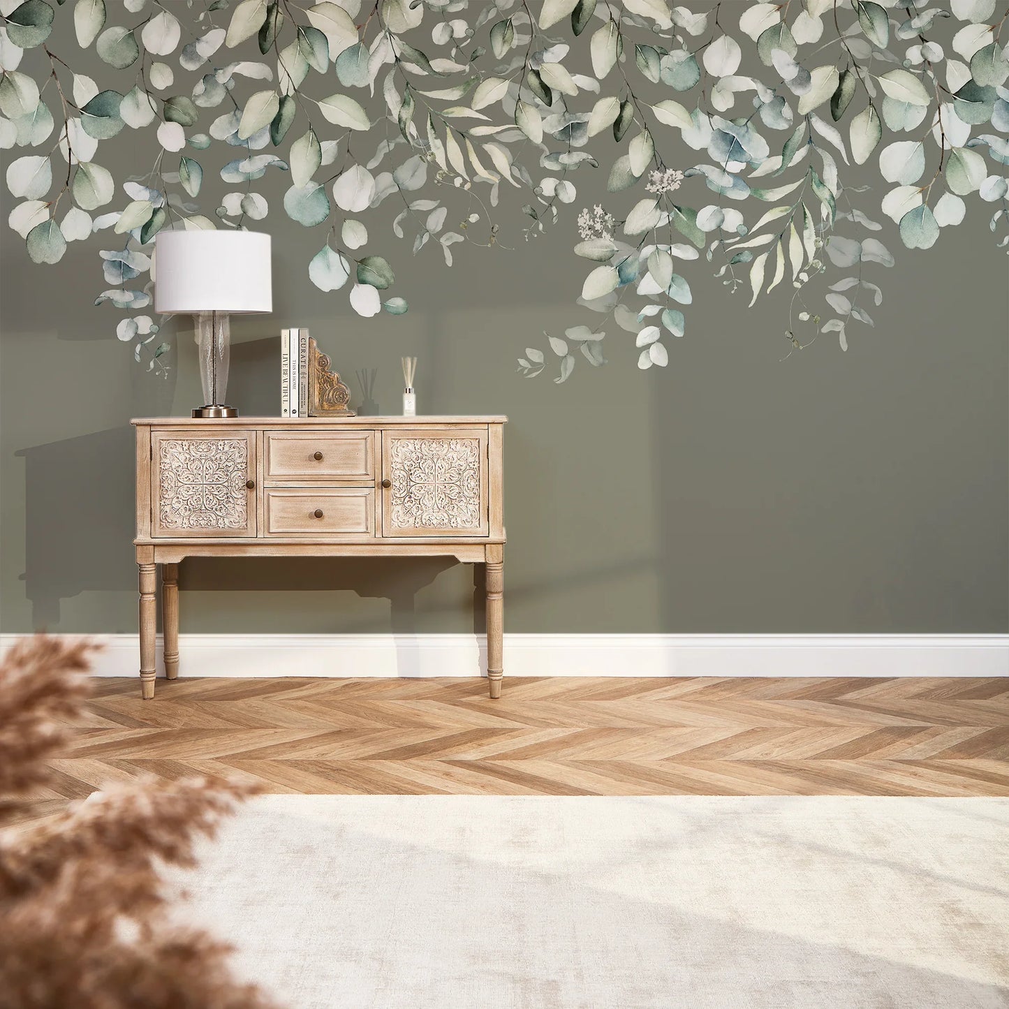 Eucalyptus Cascade Watercolor Mural in Smoky Green Tones