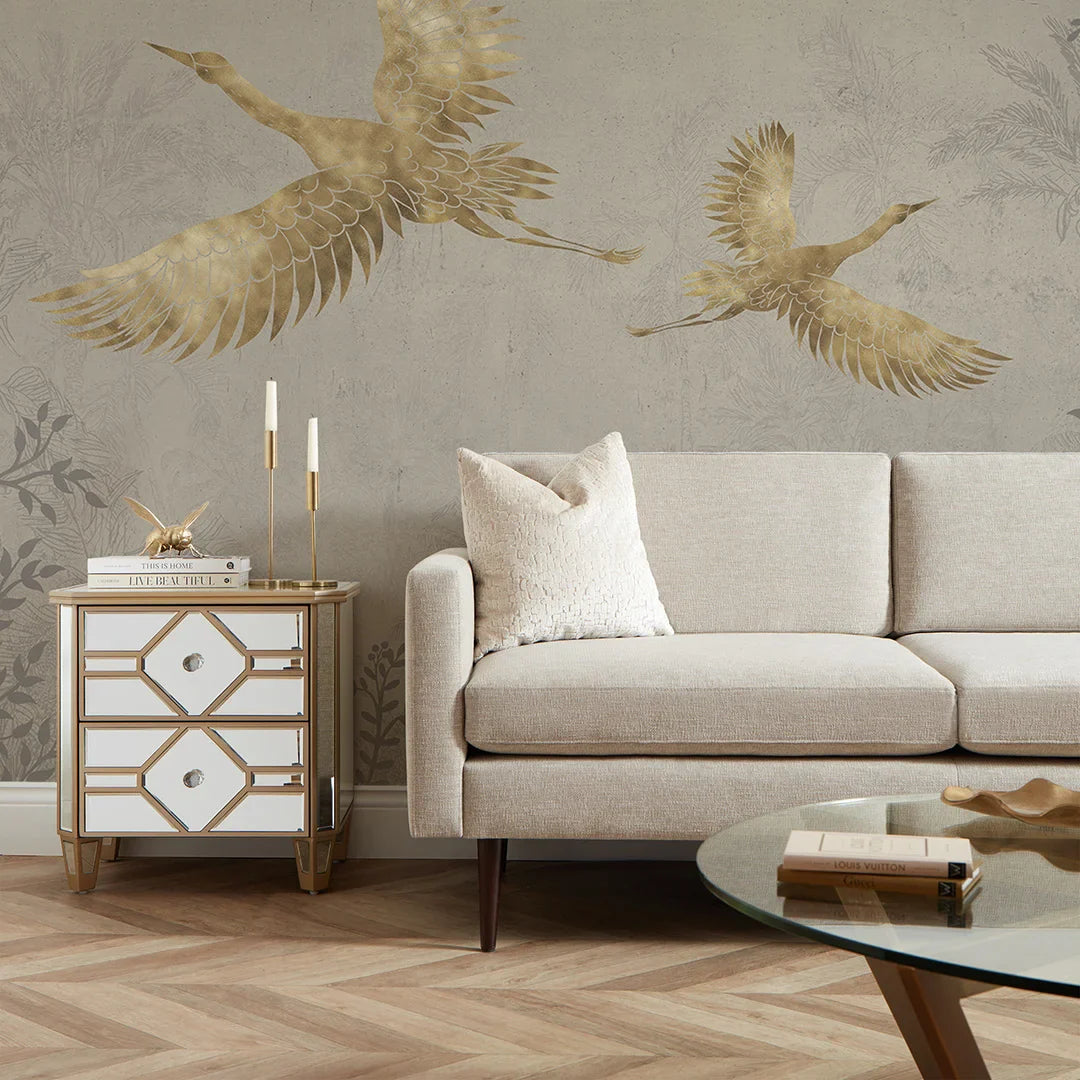 Stone Mural Featuring Oriental Cranes with Gold Accents