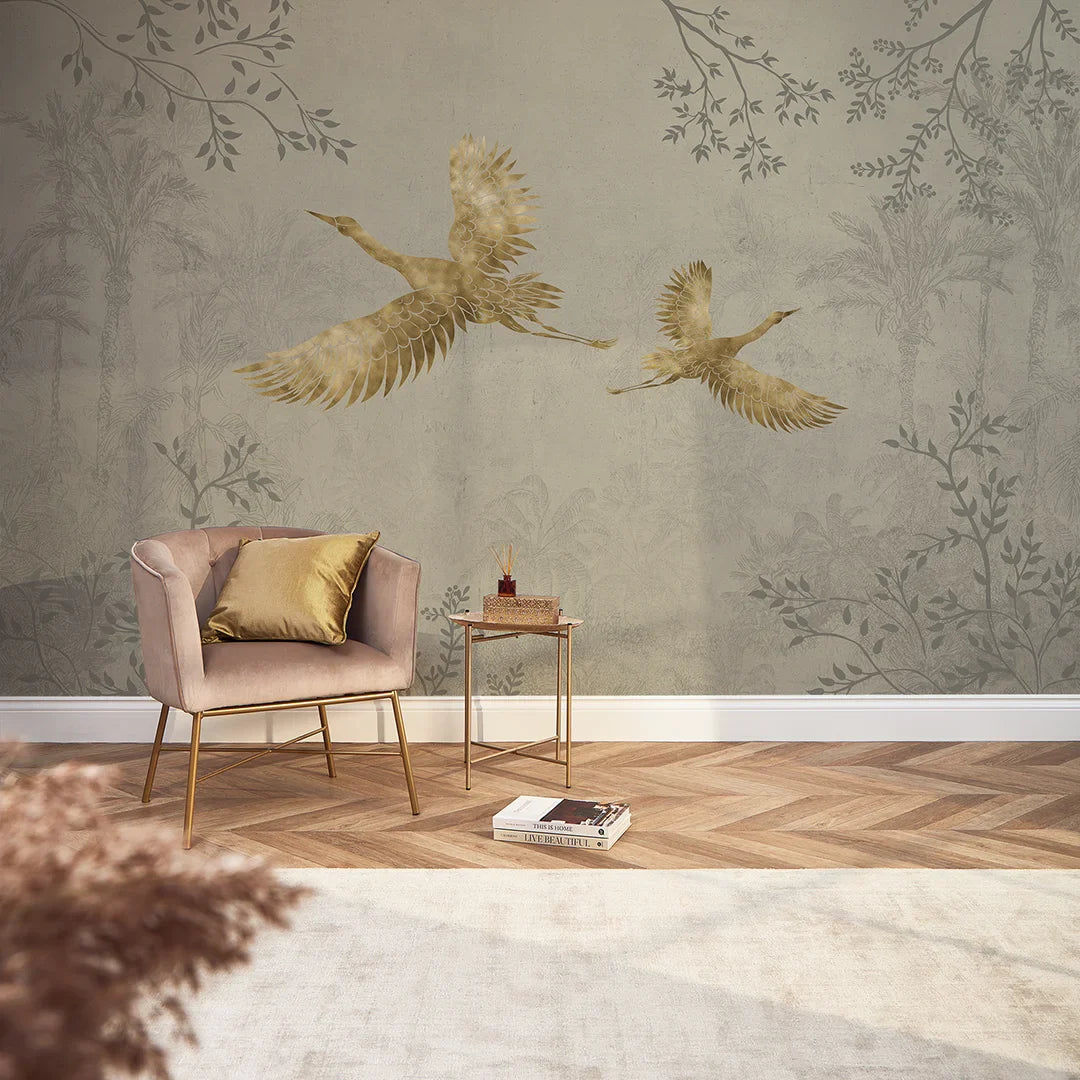 Stone Mural Featuring Oriental Cranes with Gold Accents