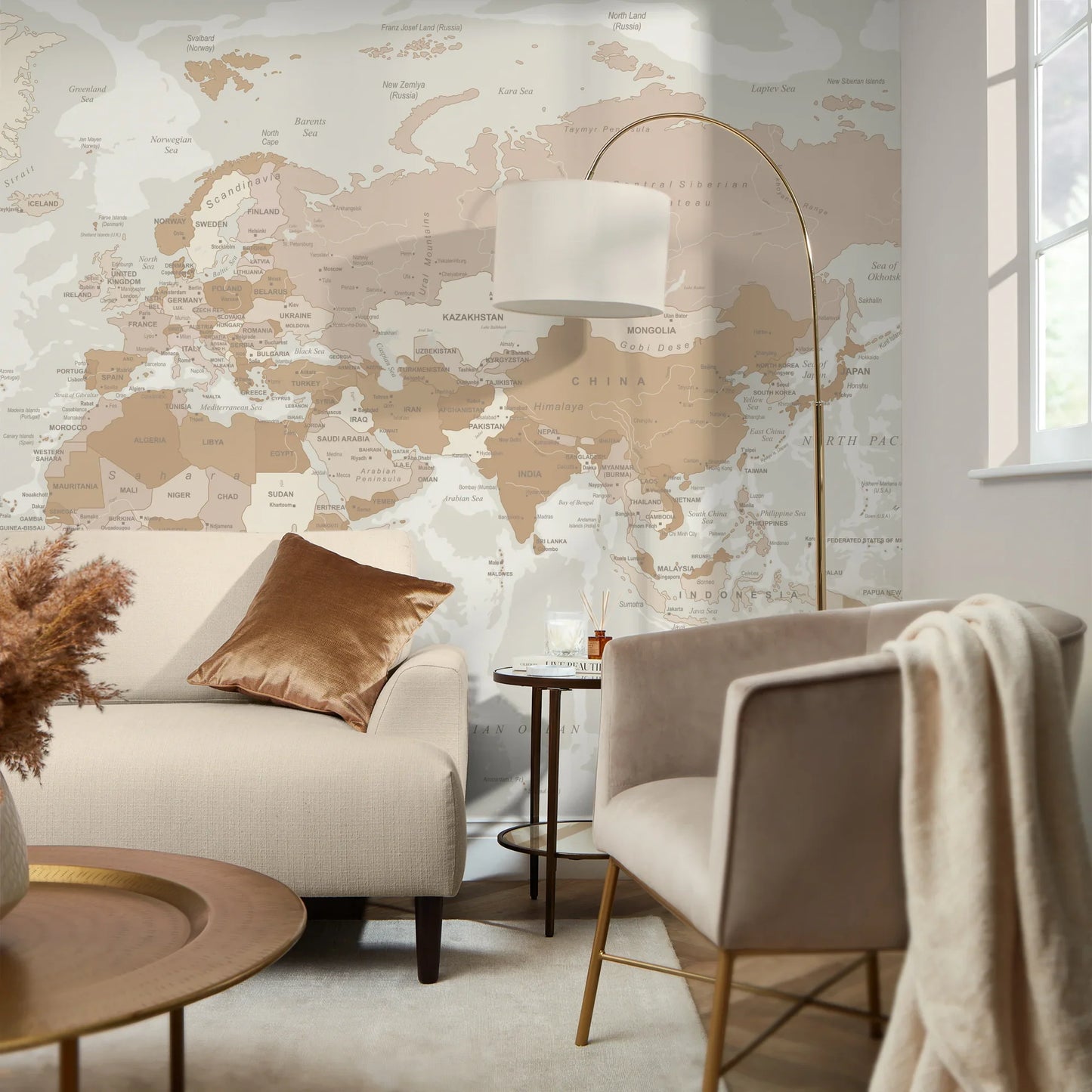 Neutral-Toned World Map Wall Mural