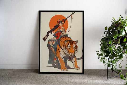 Warrior Geisha Rides Tiger Asian Style Poster | Wall Art for Home & Office | High-Quality Print - High-Quality Visual Display