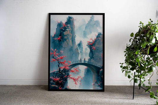 Waterfall Bridge Landscape Asian Style Poster | Wall Art for Home & Office | High-Quality Print - High-Quality Visual Display