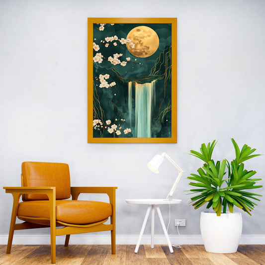 Waterfall Moon Cehrry Blossom Japanese Landscape Asian Style Poster | Wall Art for Home & Office | High-Quality Print - High-Quality Visual Display