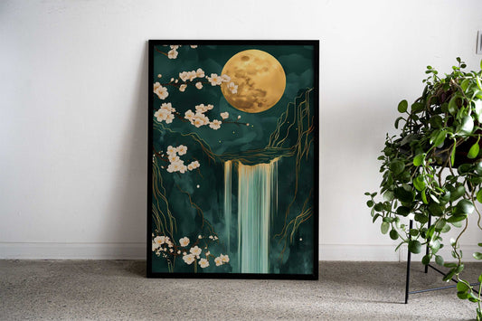 Waterfall Moon Cehrry Blossom Japanese Landscape Asian Style Poster | Wall Art for Home & Office | High-Quality Print - High-Quality Visual Display