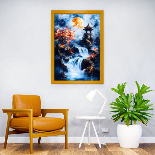 Waterfall Under Full Moon Asian Style Poster | Wall Art for Home & Office | High-Quality Print - High-Quality Visual Display