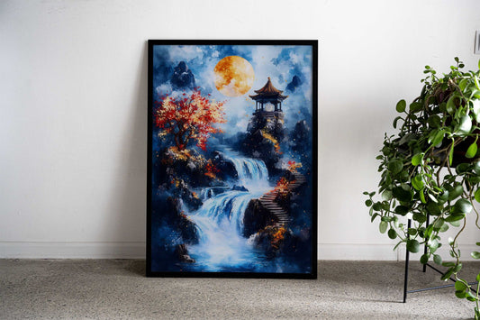 Waterfall Under Full Moon Asian Style Poster | Wall Art for Home & Office | High-Quality Print - High-Quality Visual Display