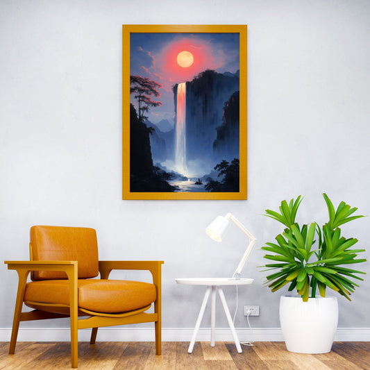 Waterfall Under a Red Moon Asian Style Poster | Wall Art for Home & Office | High-Quality Print - High-Quality Visual Display