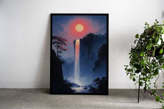 Waterfall Under a Red Moon Asian Style Poster | Wall Art for Home & Office | High-Quality Print - High-Quality Visual Display