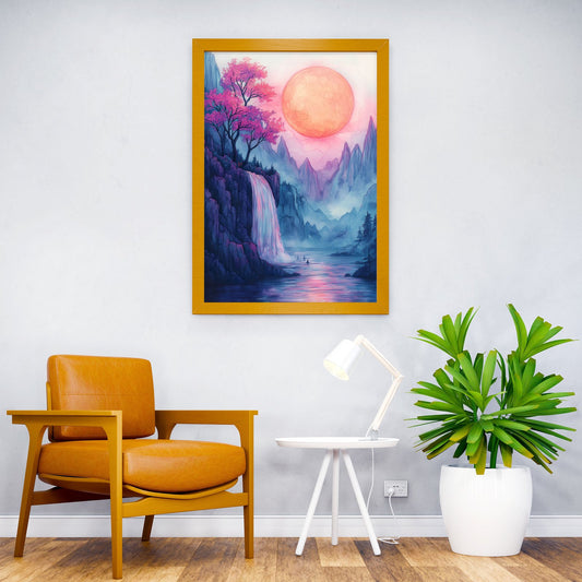 Waterfall and Giant Moon Asian Style Poster | Wall Art for Home & Office | High-Quality Print - High-Quality Visual Display
