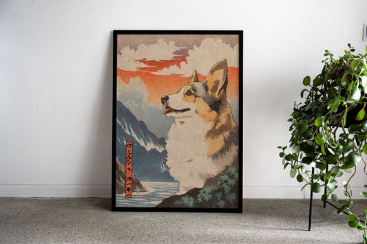 Welsh Corgi Dog Woodblock Asian Style Poster | Wall Art for Home & Office | High-Quality Print - High-Quality Visual Display