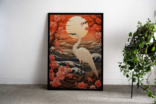 White Crane in Cherry Blossom Asian Style Poster | Wall Art for Home & Office | High-Quality Print - High-Quality Visual Display