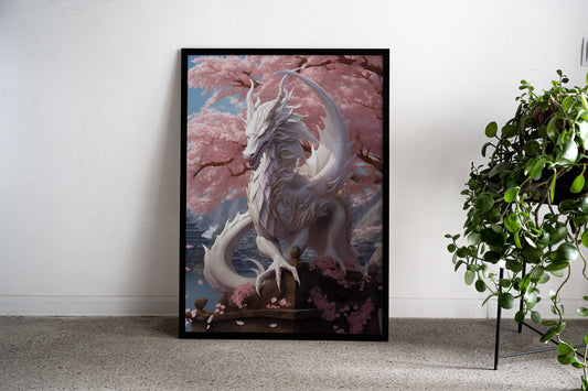 White Dragon in Cherry Blossom Asian Style Poster | Wall Art for Home & Office | High-Quality Print - High-Quality Visual Display