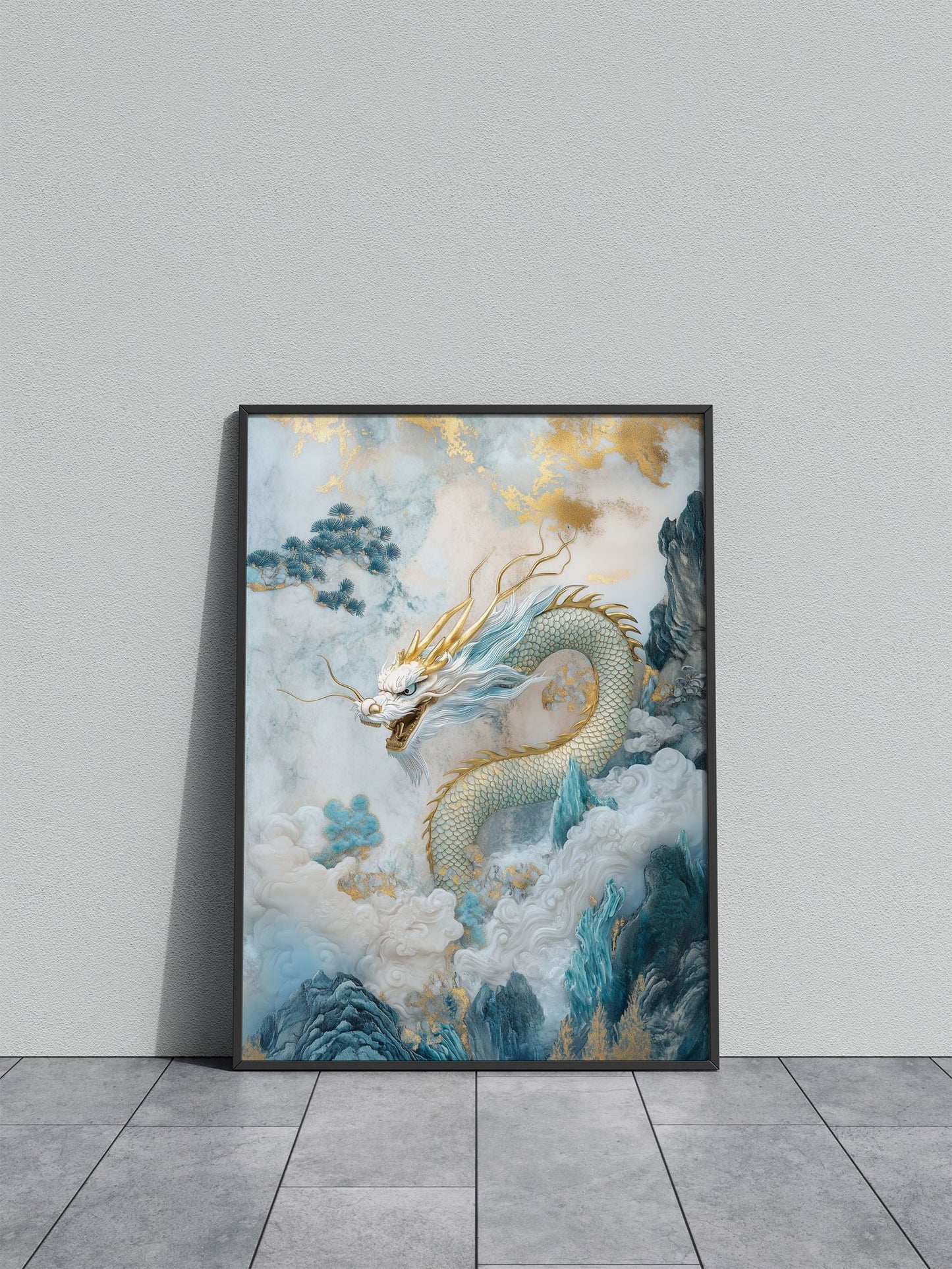 White Dragon in Clouds Asian Style Poster | Wall Art for Home & Office | High-Quality Print