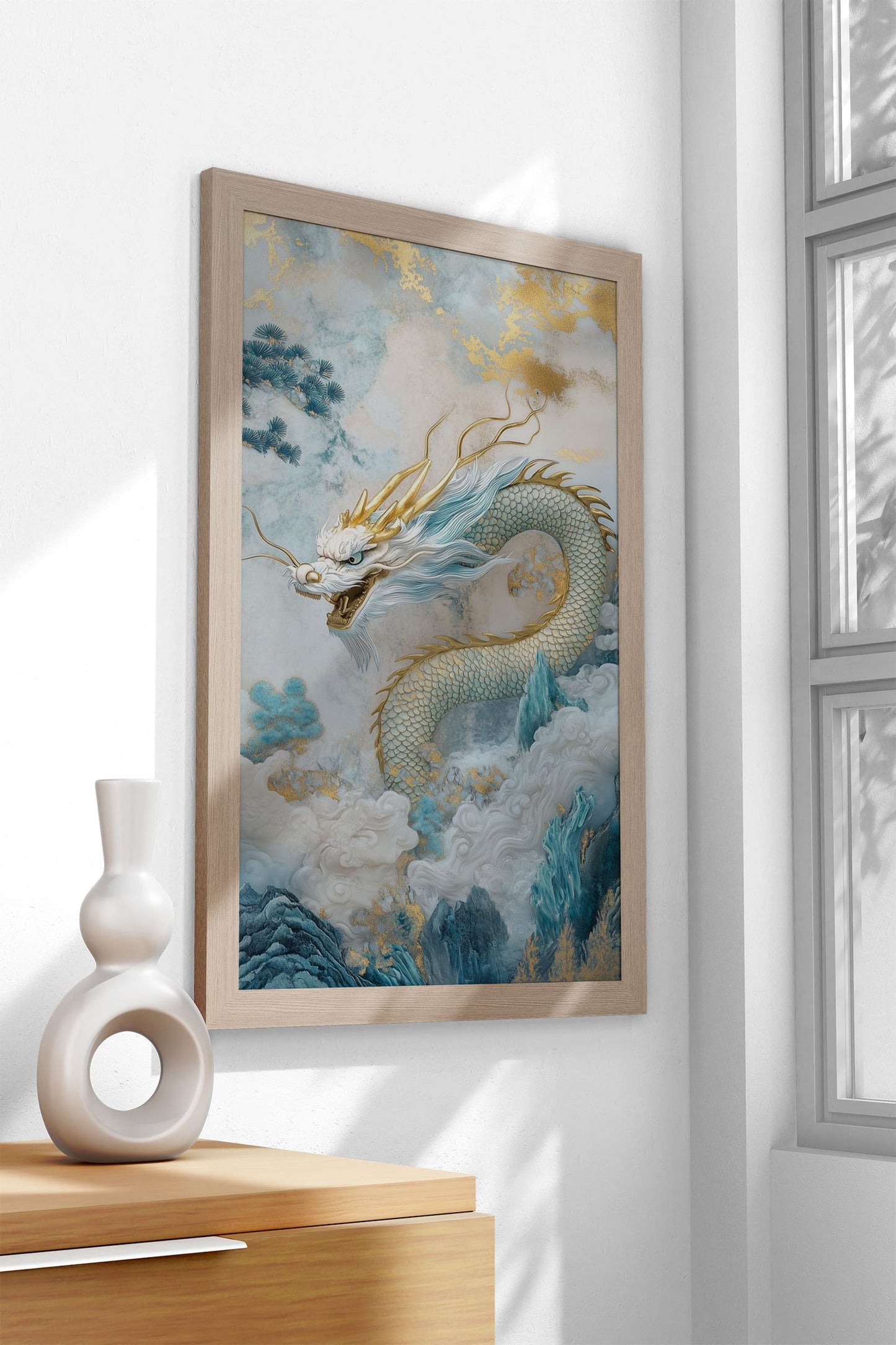 White Dragon in Clouds Asian Style Poster | Wall Art for Home & Office | High-Quality Print