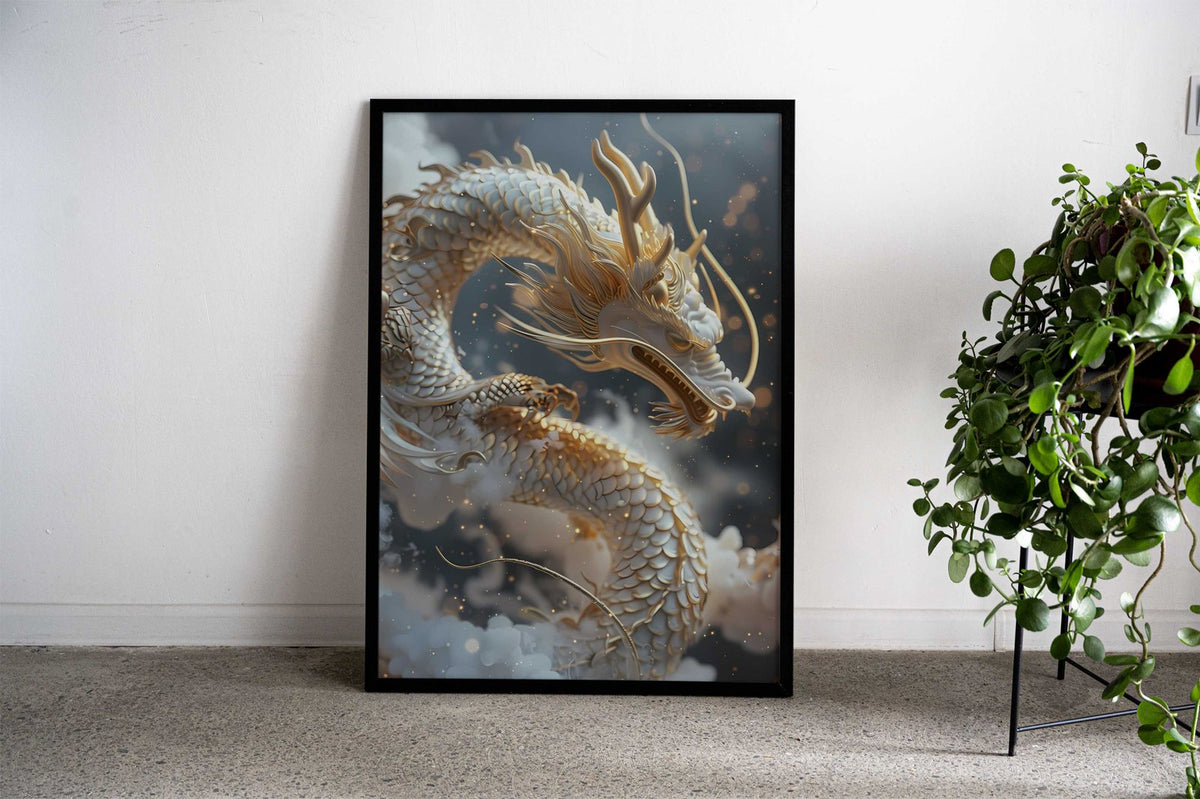 White Dragon on Clouds Asian Style Poster | Wall Art for Home & Office | High-Quality Print - High-Quality Visual Display