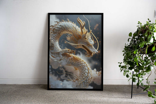 White Dragon on Clouds Asian Style Poster | Wall Art for Home & Office | High-Quality Print - High-Quality Visual Display
