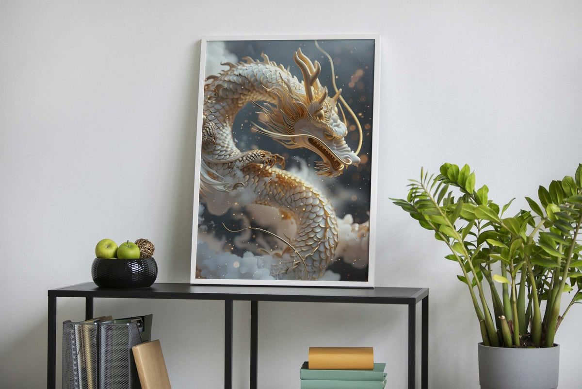 White Dragon on Clouds Asian Style Poster | Wall Art for Home & Office | High-Quality Print - High-Quality Visual Display