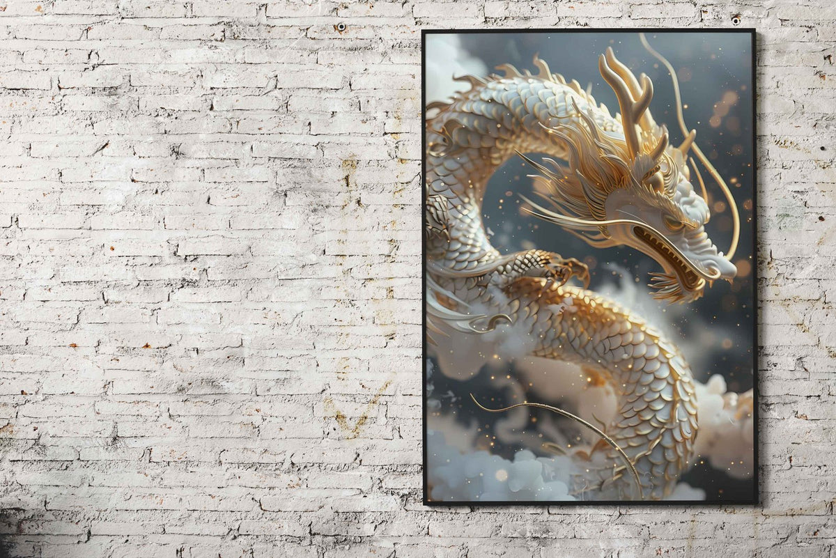 White Dragon on Clouds Asian Style Poster | Wall Art for Home & Office | High-Quality Print - High-Quality Visual Display
