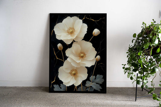 White Flowers on Black Asian Style Poster | Wall Art for Home & Office | High-Quality Print - High-Quality Visual Display