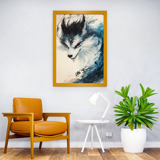 White Kitsune Yokai Fox with Blue Swirls Asian Style Poster | Wall Art for Home & Office | High-Quality Print - High-Quality Visual Display