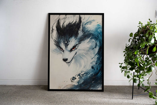 White Kitsune Yokai Fox with Blue Swirls Asian Style Poster | Wall Art for Home & Office | High-Quality Print - High-Quality Visual Display