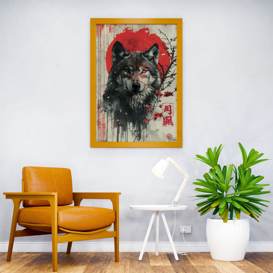 Wolf with Red Sun and Cherry Blossoms Asian Style Poster | Wall Art for Home & Office | High-Quality Print - High-Quality Visual Display
