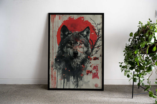 Wolf with Red Sun and Cherry Blossoms Asian Style Poster | Wall Art for Home & Office | High-Quality Print - High-Quality Visual Display