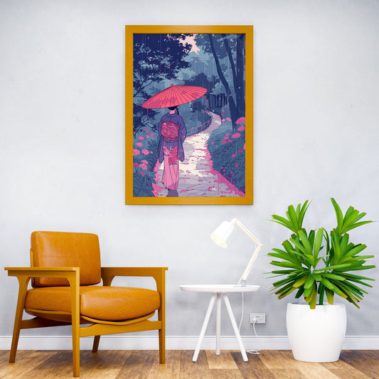 Woman in Kimono Walking in Rain Asian Style Poster | Wall Art for Home & Office | High-Quality Print - High-Quality Visual Display