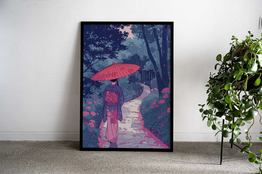 Woman in Kimono Walking in Rain Asian Style Poster | Wall Art for Home & Office | High-Quality Print - High-Quality Visual Display