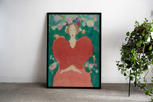 Woman in Red Dress with Flowers Asian Style Poster | Wall Art for Home & Office | High-Quality Print - High-Quality Visual Display