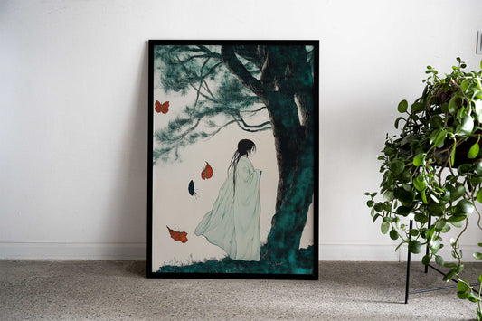 Woman in White Robe with Butterflies Asian Style Poster | Wall Art for Home & Office | High-Quality Print - High-Quality Visual Display