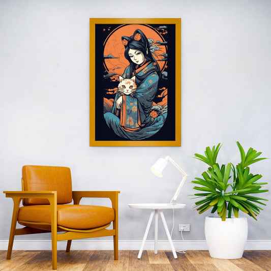 Women hugging her cat Asian Style Poster | Wall Art for Home & Office | High-Quality Print - High-Quality Visual Display