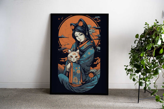 Women hugging her cat Asian Style Poster | Wall Art for Home & Office | High-Quality Print - High-Quality Visual Display
