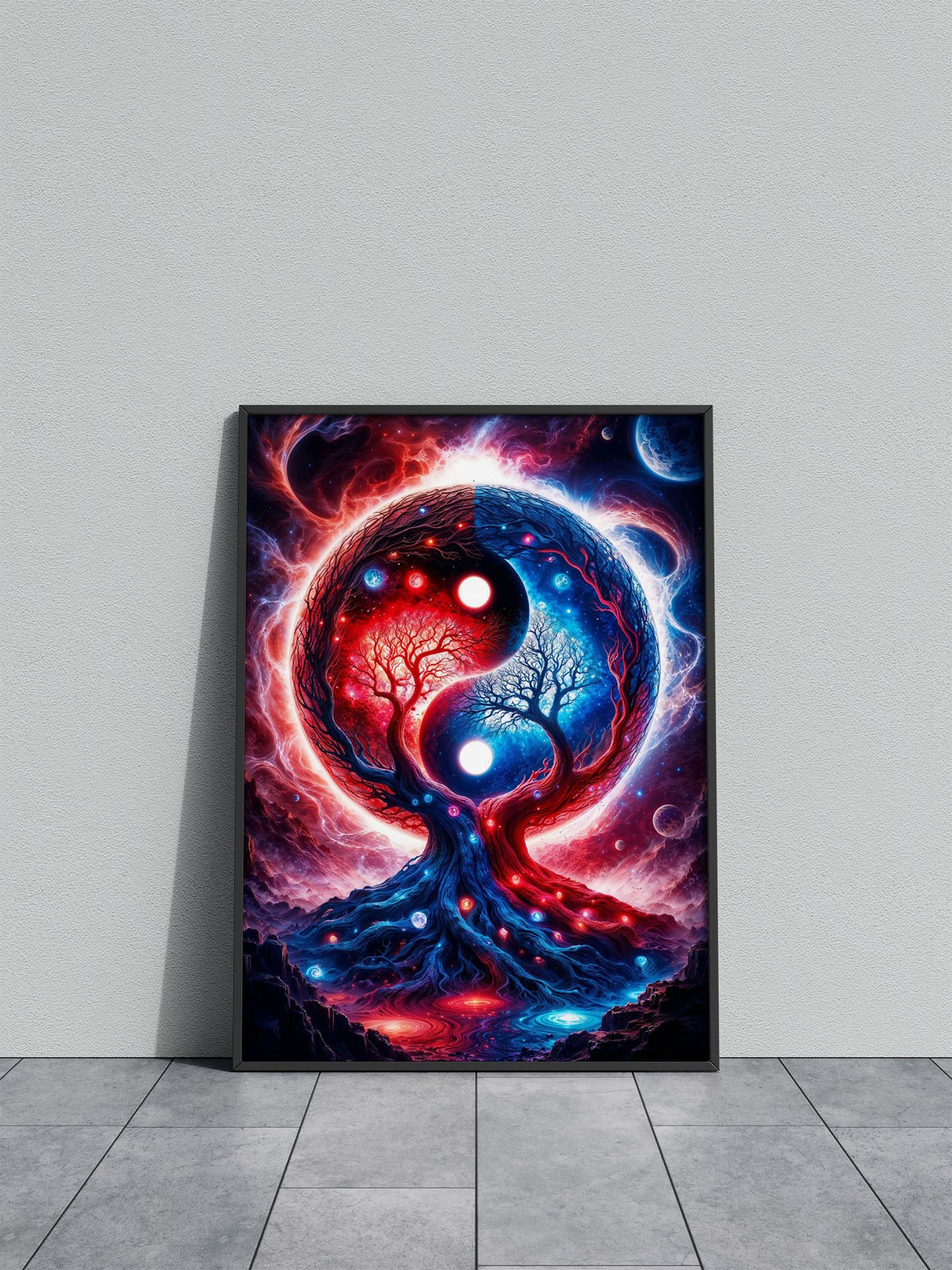 Yin Yang Space Landscape in Red and Blue Asian Style Poster | Wall Art for Home & Office | High-Quality Print - High-Quality Visual Display