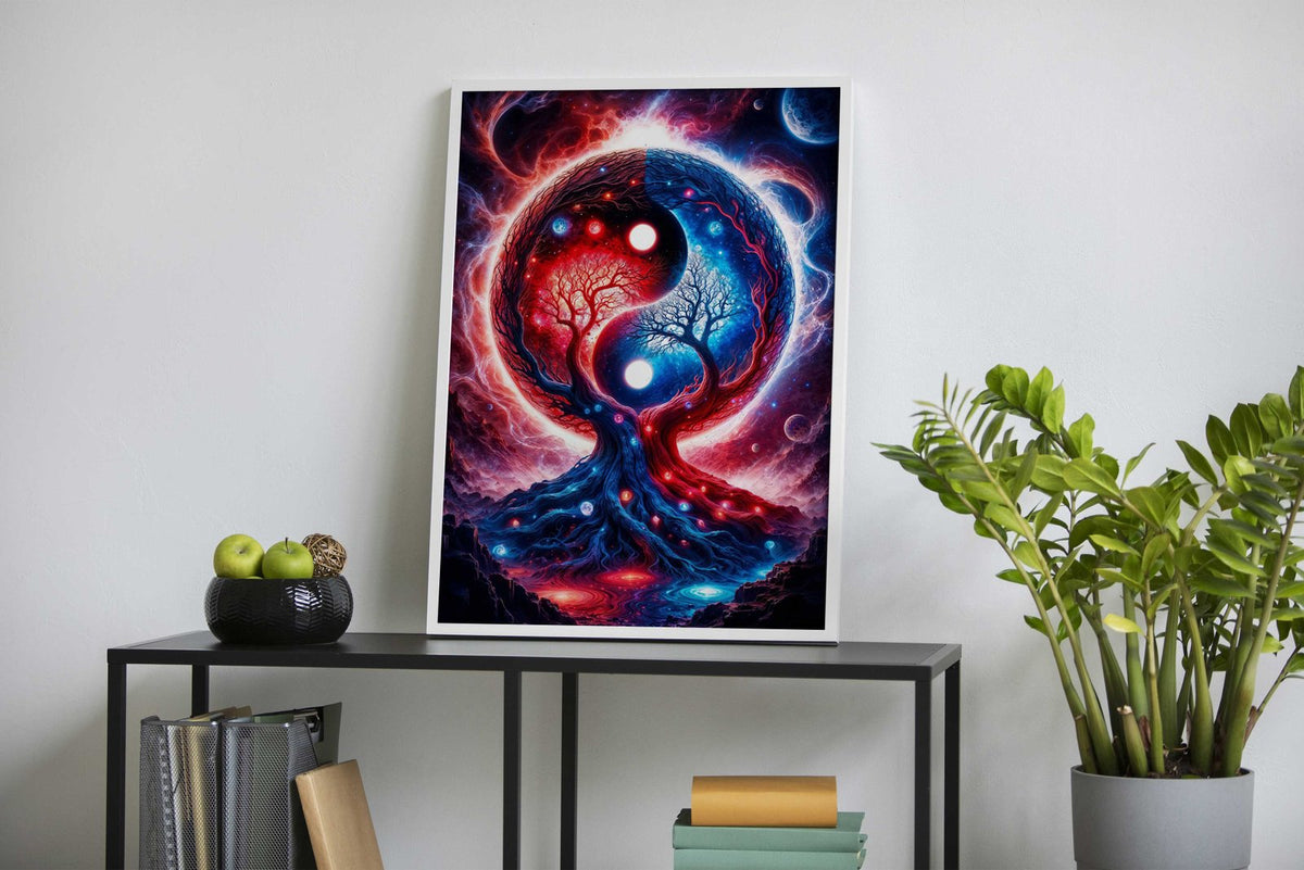Yin Yang Space Landscape in Red and Blue Asian Style Poster | Wall Art for Home & Office | High-Quality Print - High-Quality Visual Display
