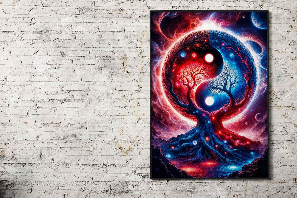 Yin Yang Space Landscape in Red and Blue Asian Style Poster | Wall Art for Home & Office | High-Quality Print - High-Quality Visual Display
