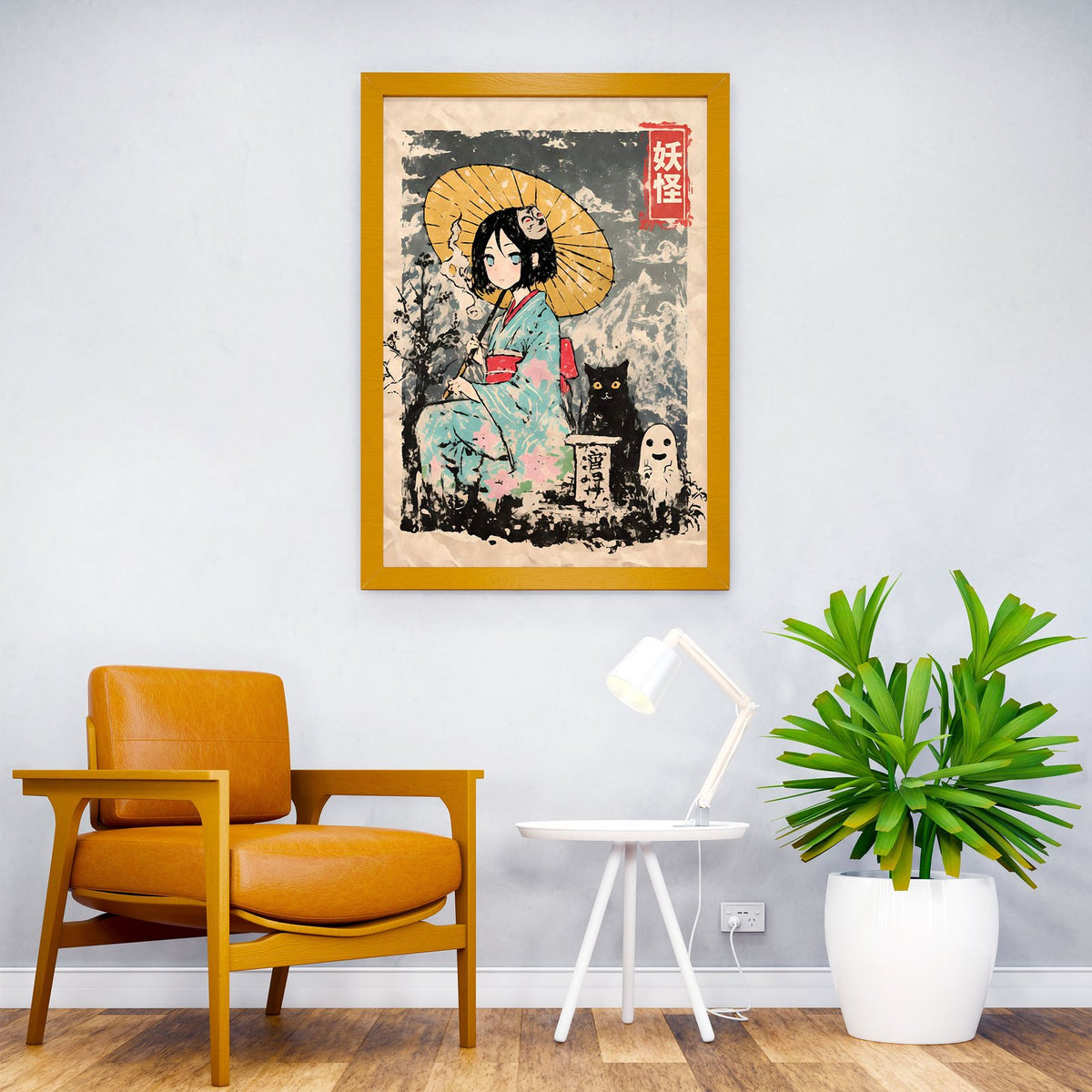 Yokai Geisha with Cat and Ghost Asian Style Poster | Wall Art for Home & Office | High-Quality Print - High-Quality Visual Display