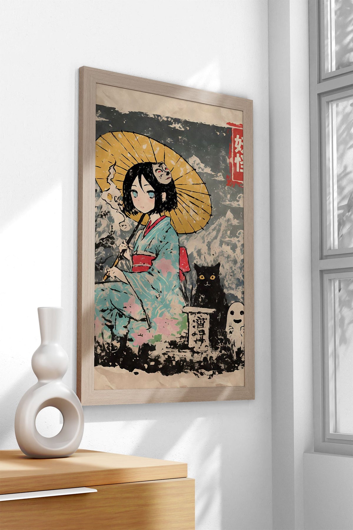 Yokai Geisha with Cat and Ghost Asian Style Poster | Wall Art for Home & Office | High-Quality Print - High-Quality Visual Display