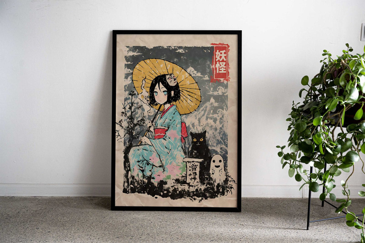 Yokai Geisha with Cat and Ghost Asian Style Poster | Wall Art for Home & Office | High-Quality Print - High-Quality Visual Display