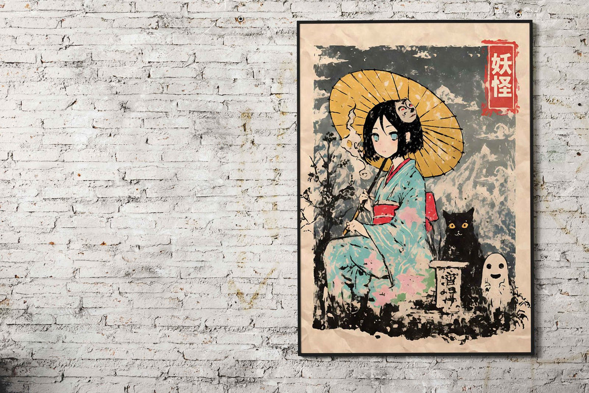 Yokai Geisha with Cat and Ghost Asian Style Poster | Wall Art for Home & Office | High-Quality Print - High-Quality Visual Display