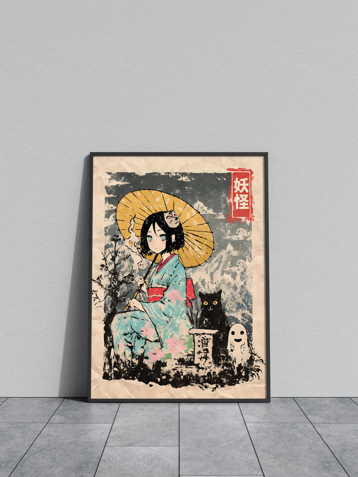 Yokai Geisha with Cat and Ghost Asian Style Poster | Wall Art for Home & Office | High-Quality Print - High-Quality Visual Display