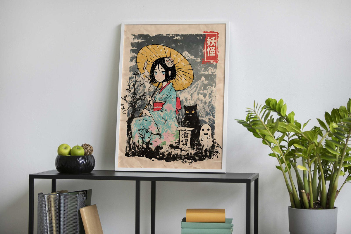 Yokai Geisha with Cat and Ghost Asian Style Poster | Wall Art for Home & Office | High-Quality Print - High-Quality Visual Display