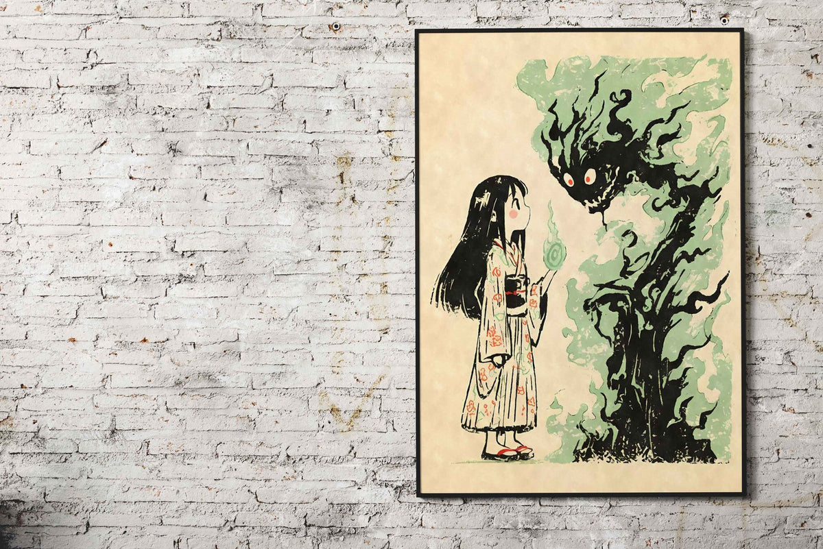 Yokai Girl and Flame Spirit Asian Style Poster | Wall Art for Home & Office | High-Quality Print - High-Quality Visual Display