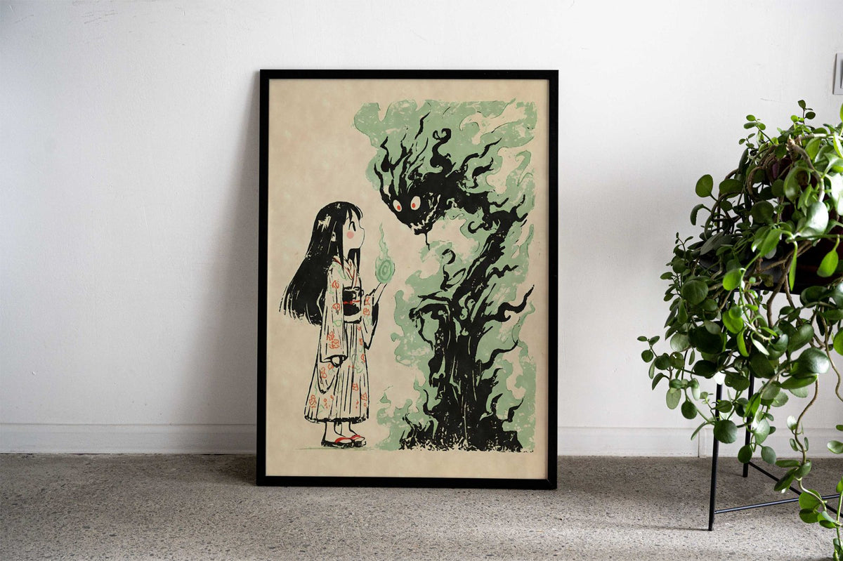 Yokai Girl and Flame Spirit Asian Style Poster | Wall Art for Home & Office | High-Quality Print - High-Quality Visual Display