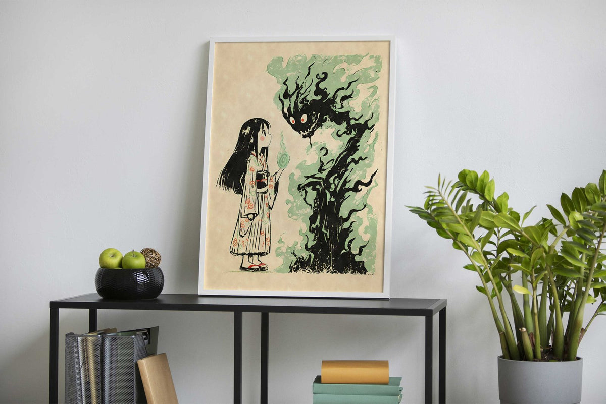 Yokai Girl and Flame Spirit Asian Style Poster | Wall Art for Home & Office | High-Quality Print - High-Quality Visual Display