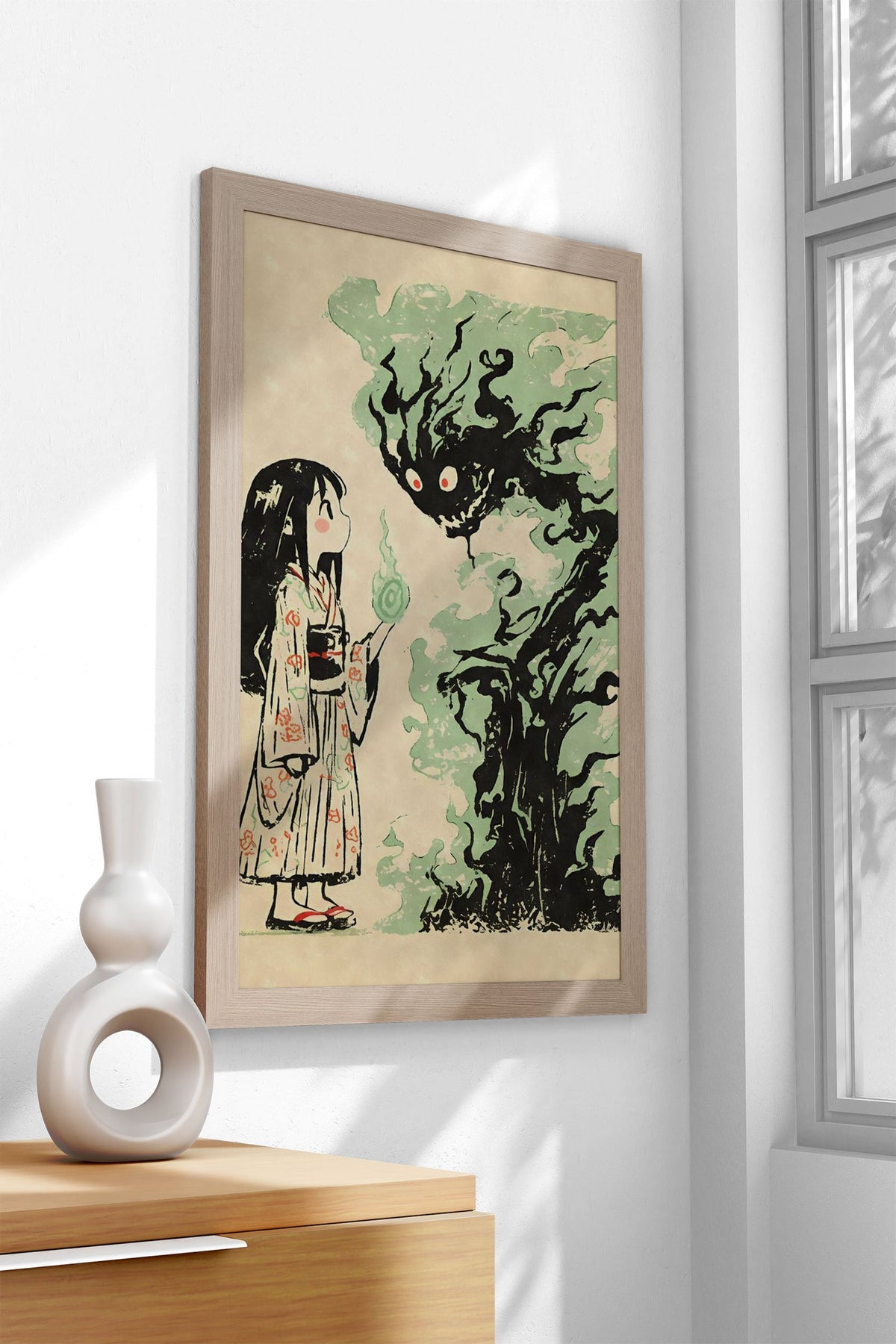 Yokai Girl and Flame Spirit Asian Style Poster | Wall Art for Home & Office | High-Quality Print - High-Quality Visual Display