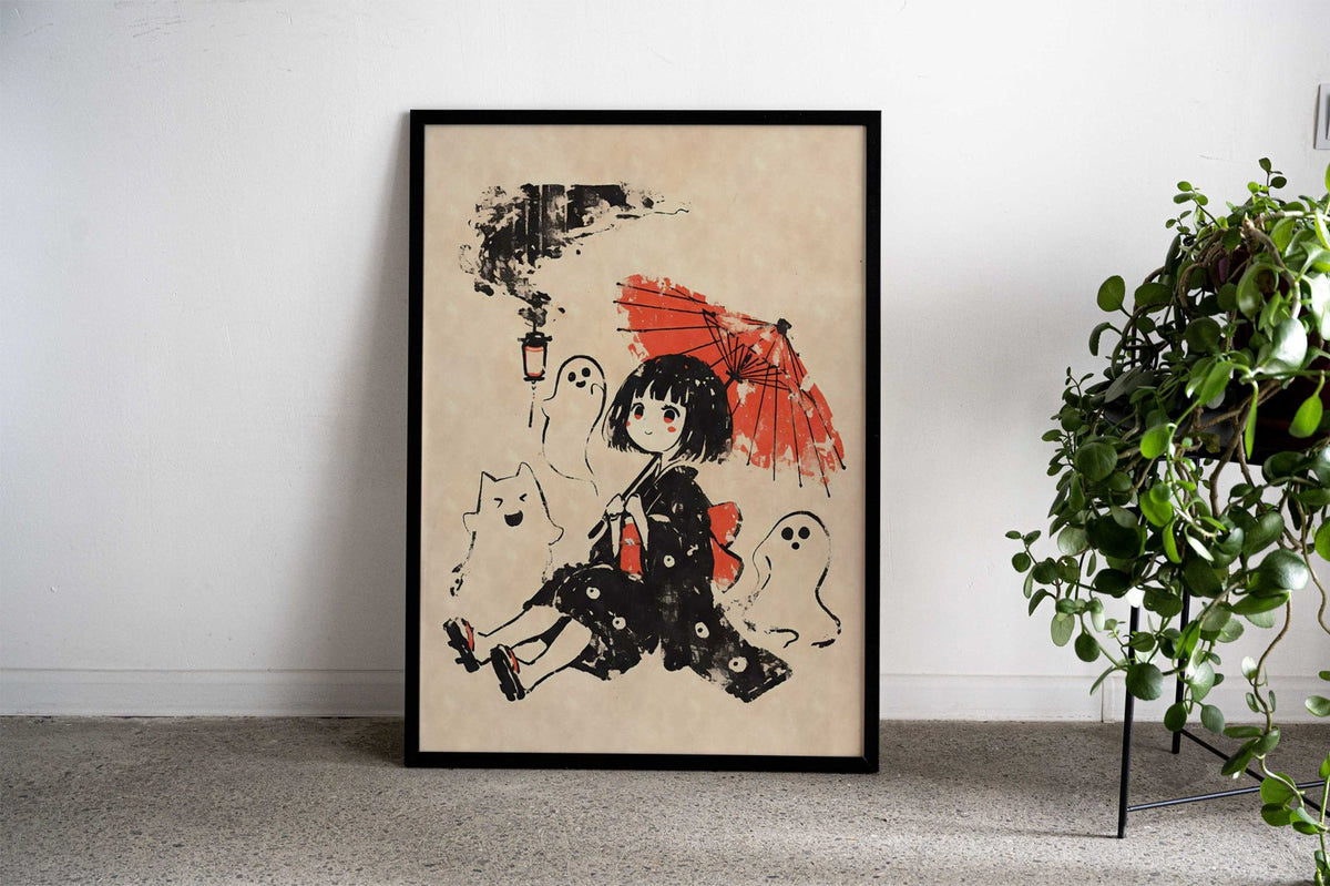 Yokai Girl with Ghosts and Umbrella Asian Style Poster | Wall Art for Home & Office | High-Quality Print - High-Quality Visual Display